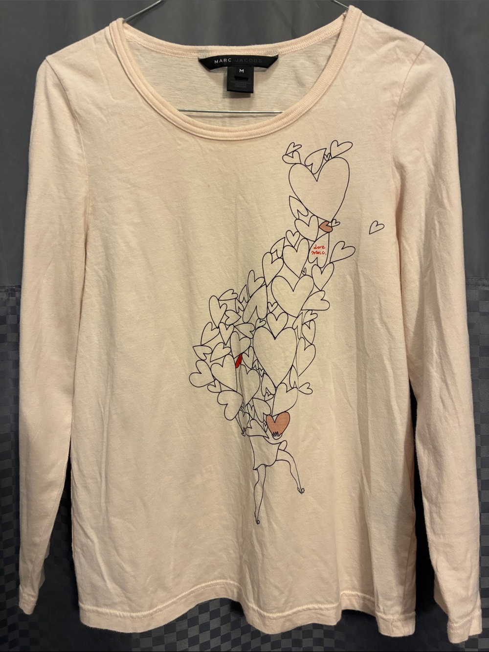 Marc Jacobs Pale Pink Long Sleeve Tee with Heart Cluster Graphic Size M